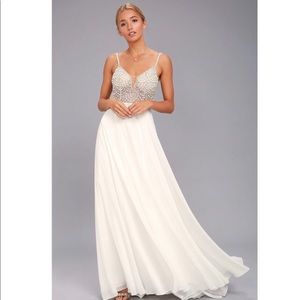 LULUS TRUE LOVE WHITE BEADED RHINESTONE MAXI DRESS